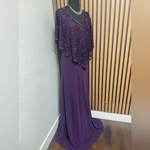 J Kara Purple Beaded Cape Maxi Dress